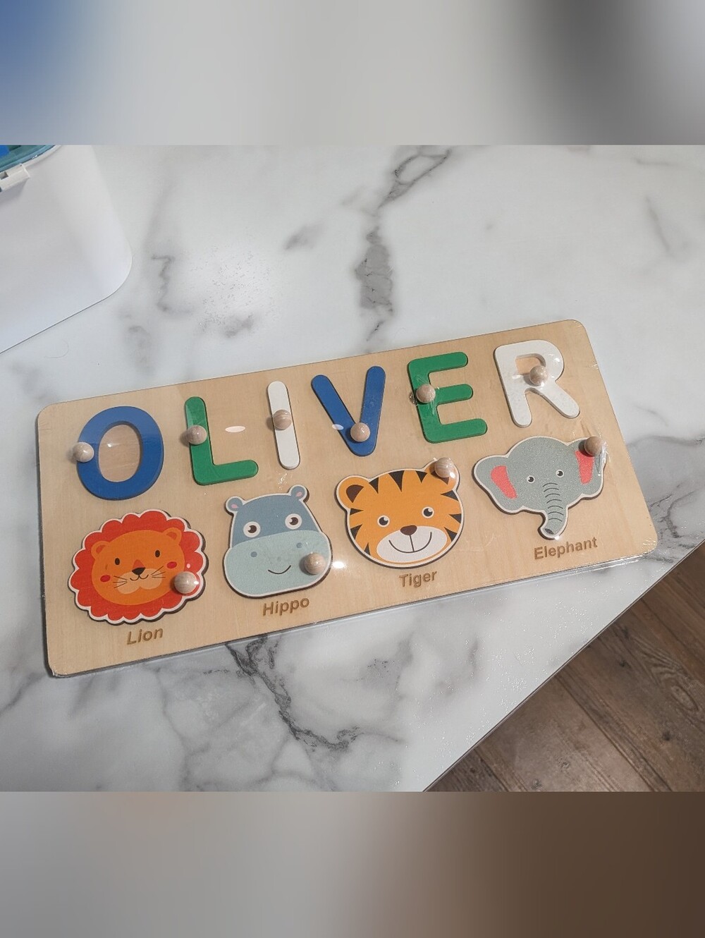 Wooden Animal Puzzle Board - Blue, Green, Orange Pieces
